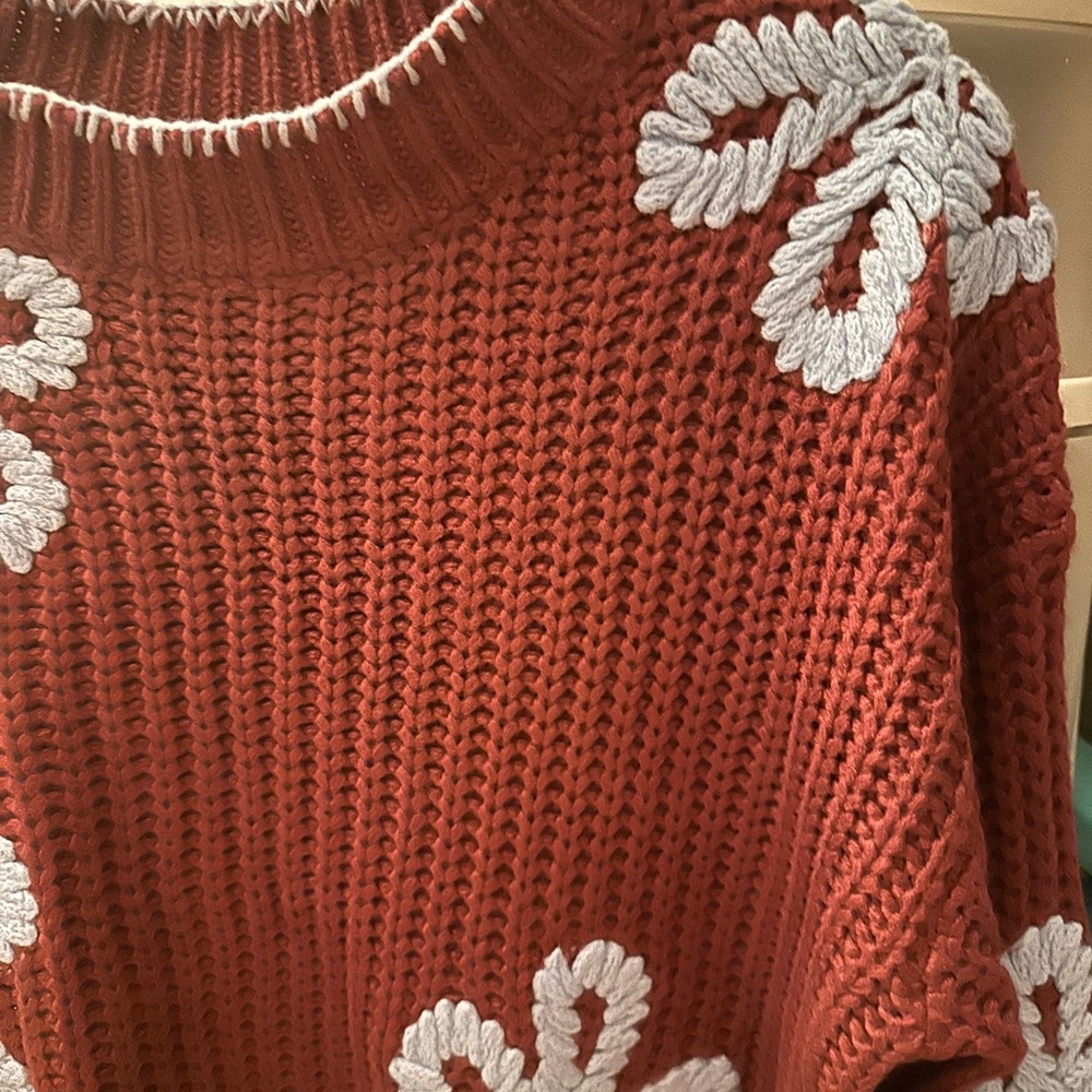 Three Bird Nest Burgundy Sweater with Blue Floral Design - Picture 2 of 4